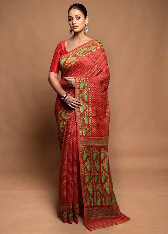 Red Tant Jamdani Saree Without Blouse Piece Onesize