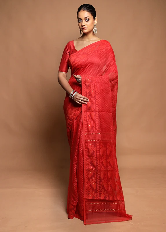 Red Tant Jamdani Saree Without Blouse Piece Onesize