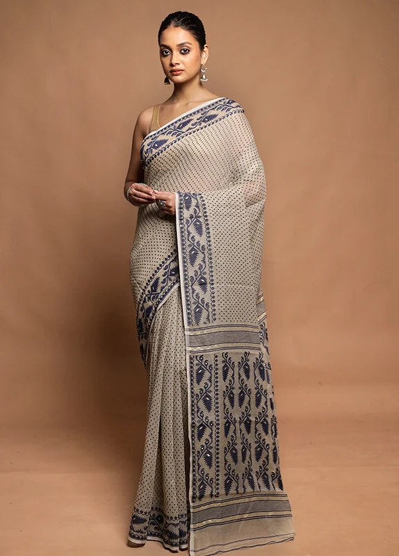 Cream Tant Jamdani Saree Without Blouse Piece Onesize