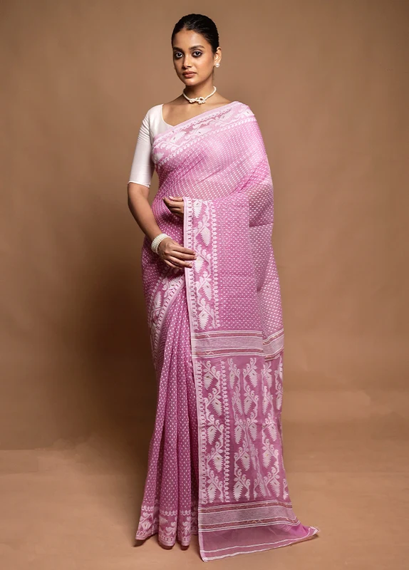 Pink Tant Jamdani Saree Without Blouse Piece Onesize