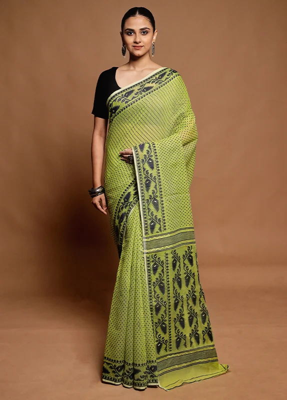 Green Tant Jamdani Saree Without Blouse Piece Onesize