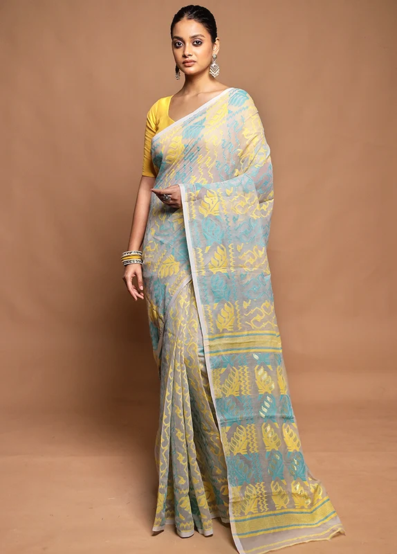Cream Tant Jamdani Saree Without Blouse Piece Onesize