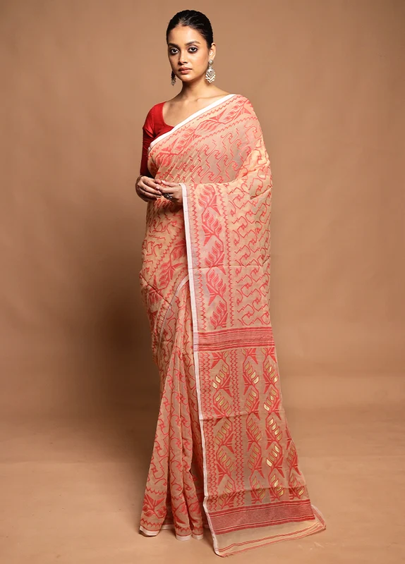 Peach Tant Jamdani Saree Without Blouse Piece Onesize