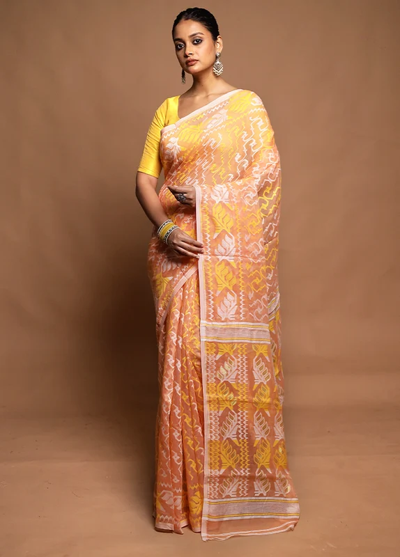 Peach Tant Jamdani Saree Without Blouse Piece Onesize
