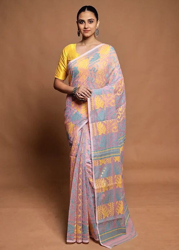Pink Tant Jamdani Saree Without Blouse Piece Onesize