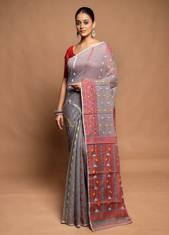 Green Tant Jamdani Saree Without Blouse Piece Onesize