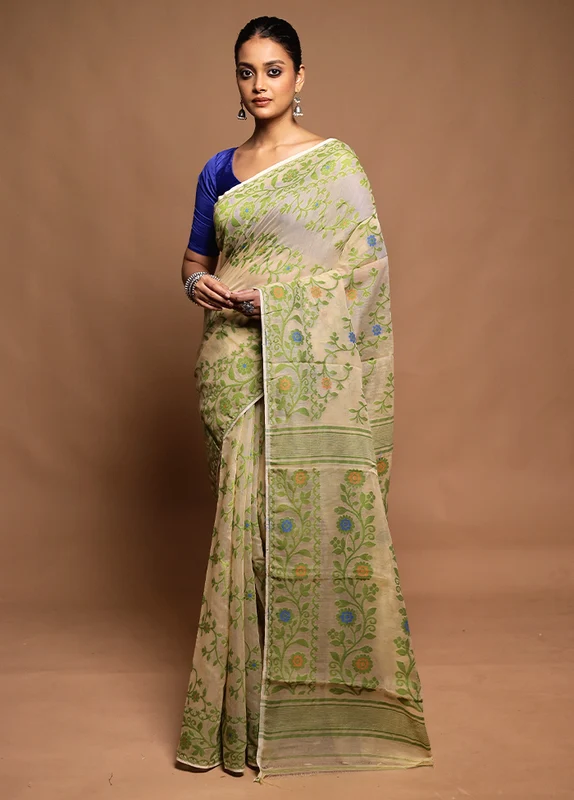 Cream Tant Jamdani Saree Without Blouse Piece Onesize