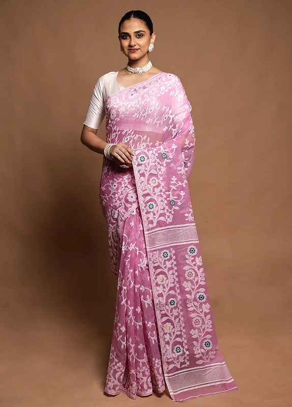 Pink Tant Jamdani Saree Without Blouse Piece Onesize