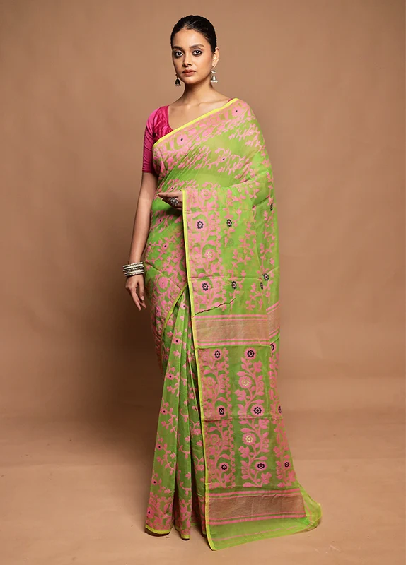 Green Tant Jamdani Saree Without Blouse Piece Onesize