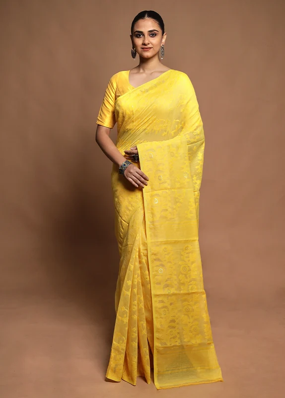 Yellow Tant Jamdani Saree Without Blouse Piece Onesize