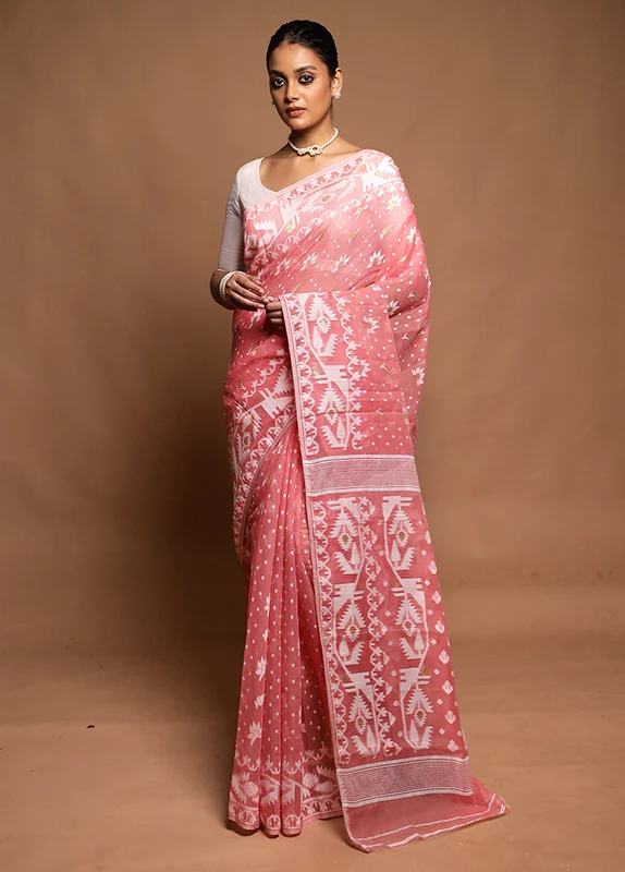 Pink Tant Jamdani Saree Without Blouse Piece Onesize