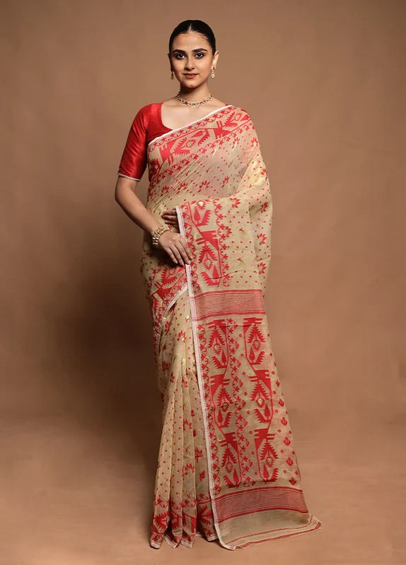 Cream Tant Jamdani Saree Without Blouse Piece Onesize