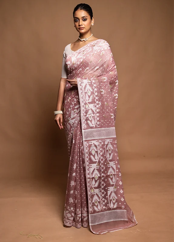 Pink Tant Jamdani Saree Without Blouse Piece Onesize