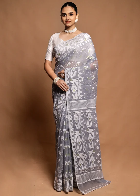Grey Tant Jamdani Saree Without Blouse Piece Onesize