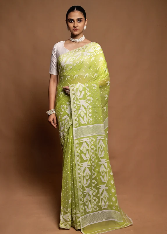Green Tant Jamdani Saree Without Blouse Piece Onesize