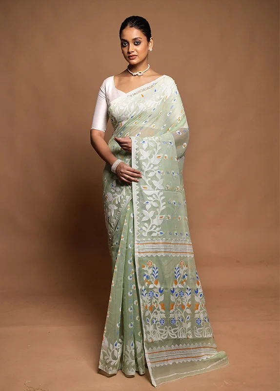 Green Tant Jamdani Saree Without Blouse Piece Onesize
