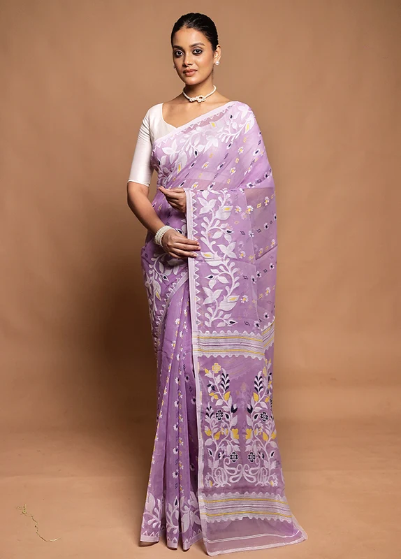 Purple Tant Jamdani Saree Without Blouse Piece Onesize