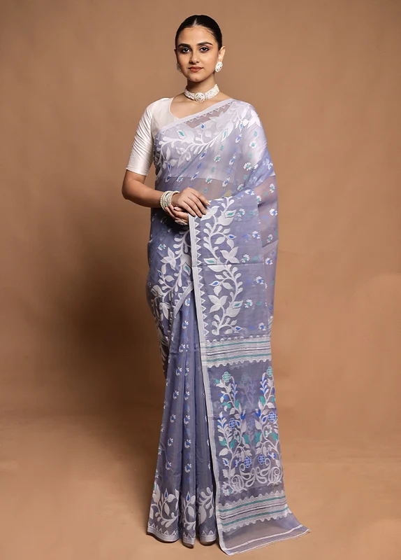 Grey Tant Jamdani Saree Without Blouse Piece Onesize