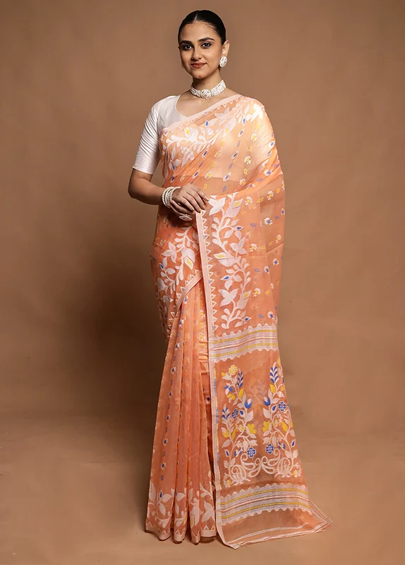 Rust Tant Jamdani Saree Without Blouse Piece Onesize