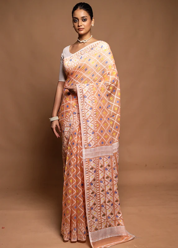 Peach Tant Jamdani Saree Without Blouse Piece Onesize