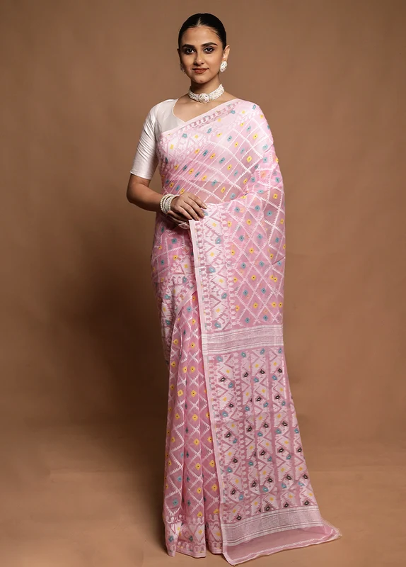 Pink Tant Jamdani Saree Without Blouse Piece Onesize
