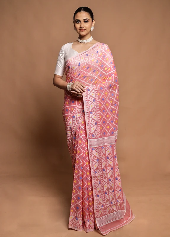 Pink Tant Jamdani Saree Without Blouse Piece Onesize