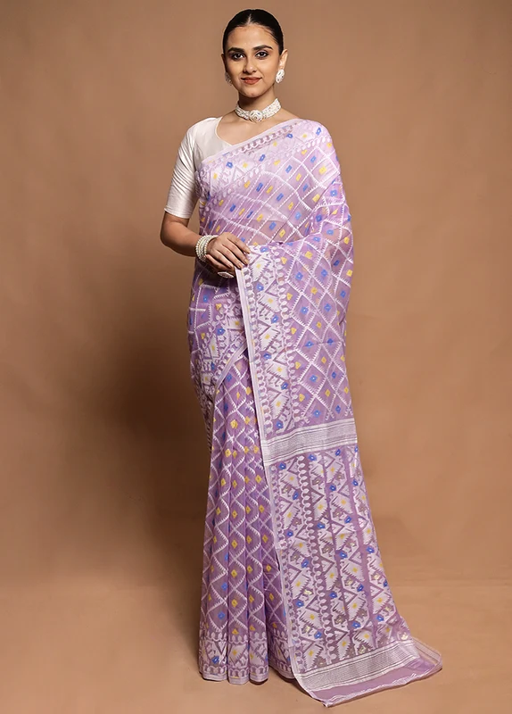 Purple Tant Jamdani Saree Without Blouse Piece Onesize