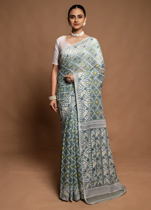 Green Tant Jamdani Saree Without Blouse Piece Onesize