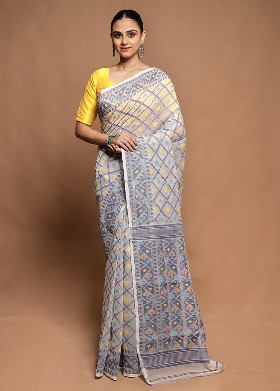White Tant Jamdani Saree Without Blouse Piece Onesize