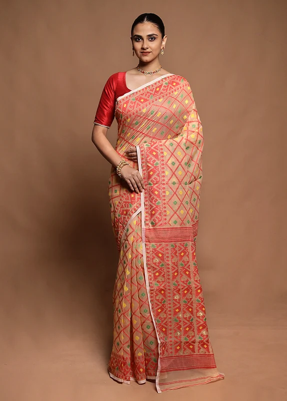 Cream Tant Jamdani Saree Without Blouse Piece Onesize