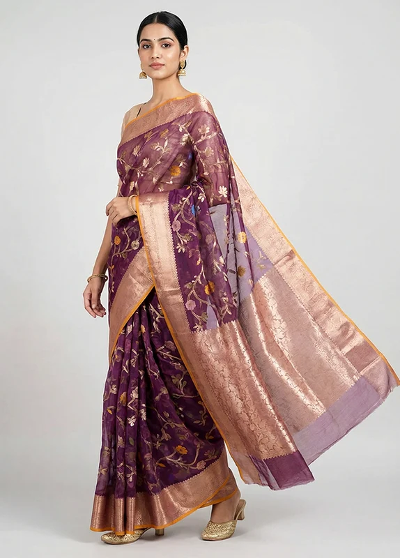 Purple Organza Saree With Blouse Piece One Size