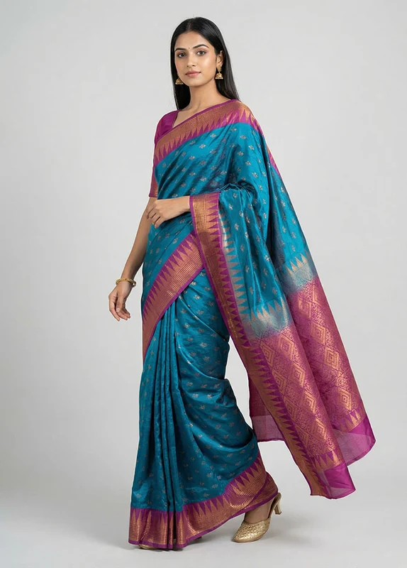 Blue Dupion Silk Saree With Blouse Piece One Size