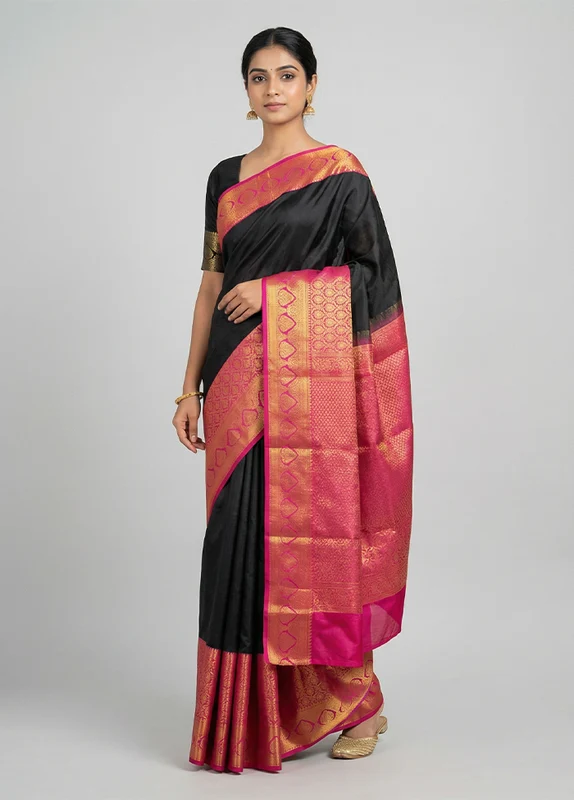 Black Kanjivaram Silk Saree With Blouse Piece One Size