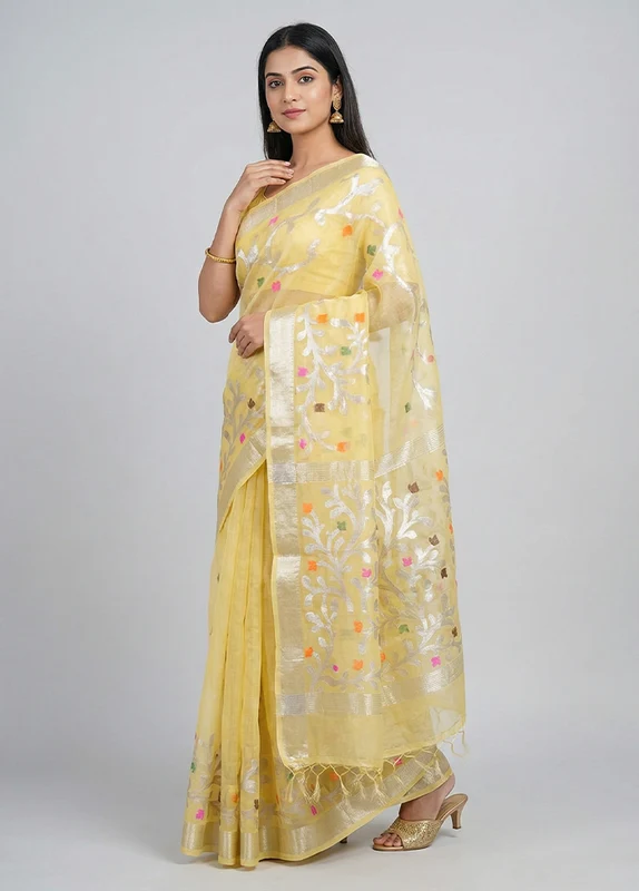 Cream Organza Saree With Blouse Piece One Size