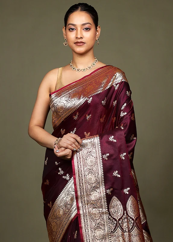 Maroon Banarasi Silk Saree With Blouse Piece Onesize
