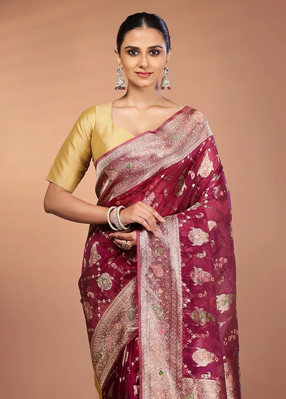 Purple Organza Saree With Blouse Piece One Size
