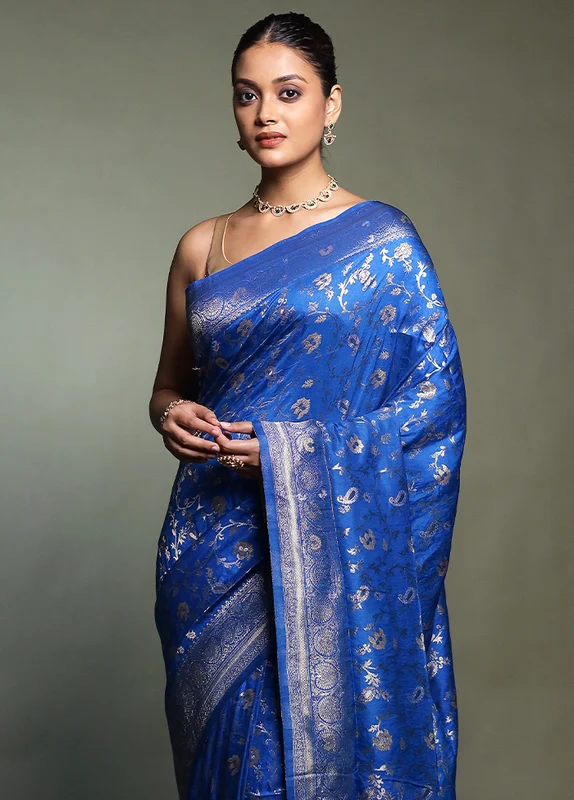 Blue Dupion Silk Saree With Blouse Piece Onesize