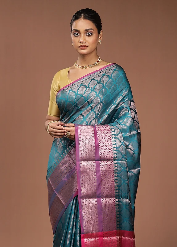 Green Dupion Silk Saree With Blouse Piece Onesize