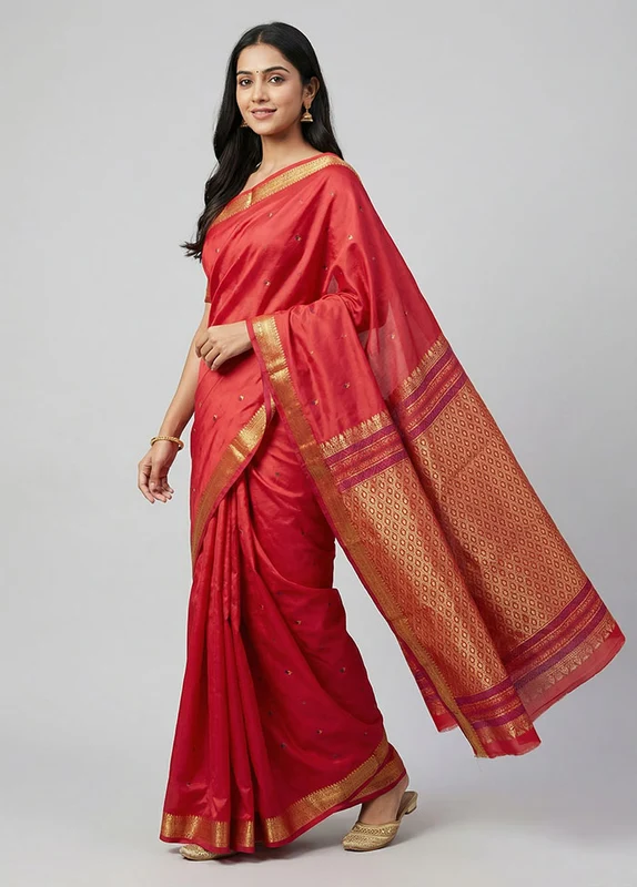 Pink Kanjivaram Silk Saree With Blouse Piece One Size