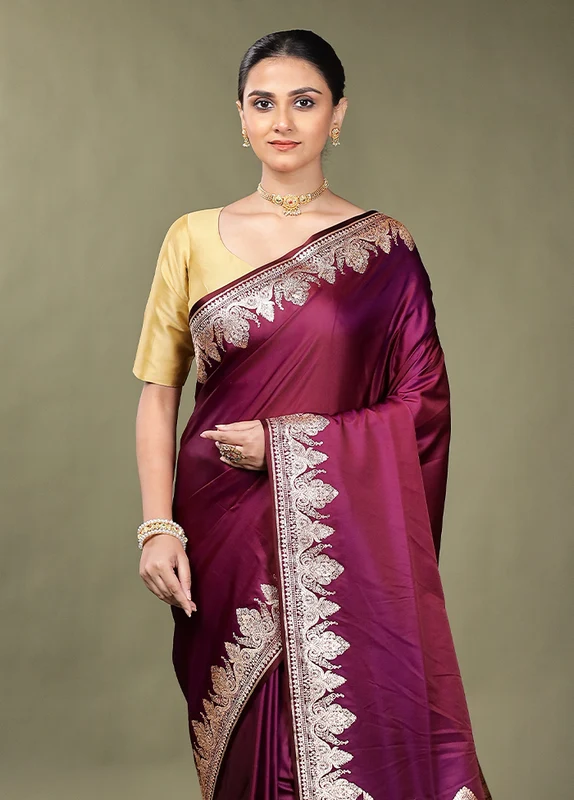 Purple Banarasi Silk Saree With Blouse Piece Onesize