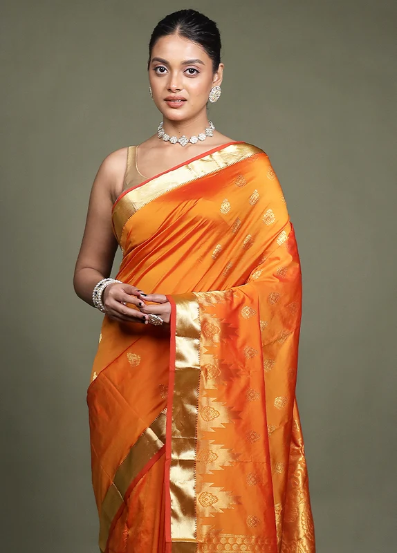 Orange Kanjivaram Silk Saree With Blouse Piece Onesize