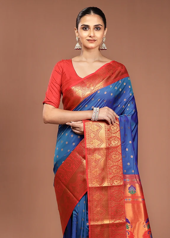 Blue Kanjivaram Silk Saree With Blouse Piece Onesize