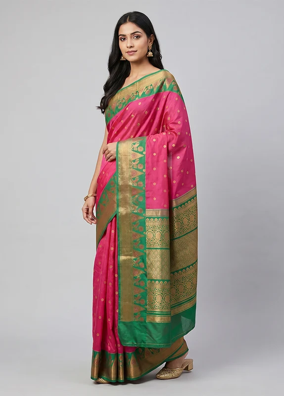 Pink Kanjivaram Silk Saree With Blouse Piece One Size