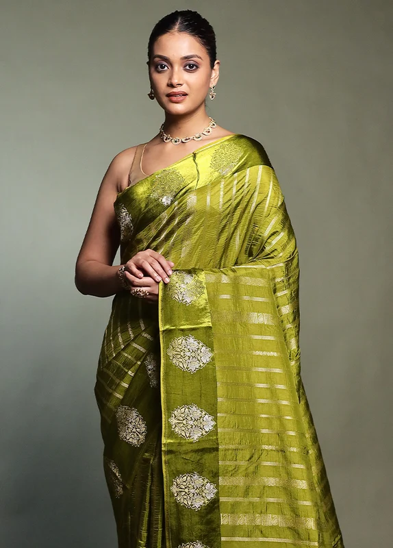Green Dupion Silk Saree With Blouse Piece Onesize