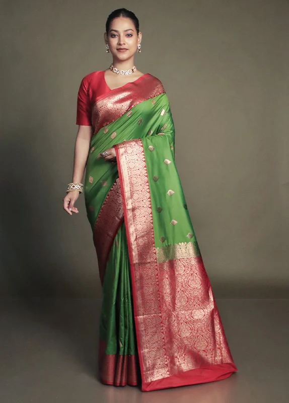 Green Katan Silk Saree With Blouse Piece Onesize