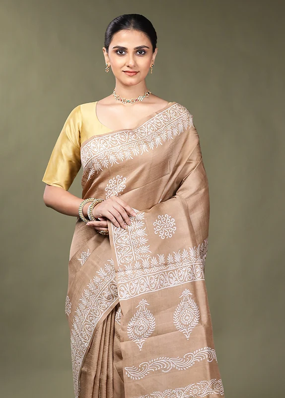 Grey Printed Pure Silk Saree Without Blouse Piece Onesize