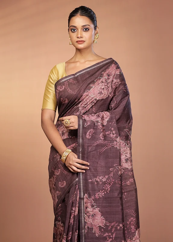 Purple Tussar Silk Saree With Blouse Piece One Size