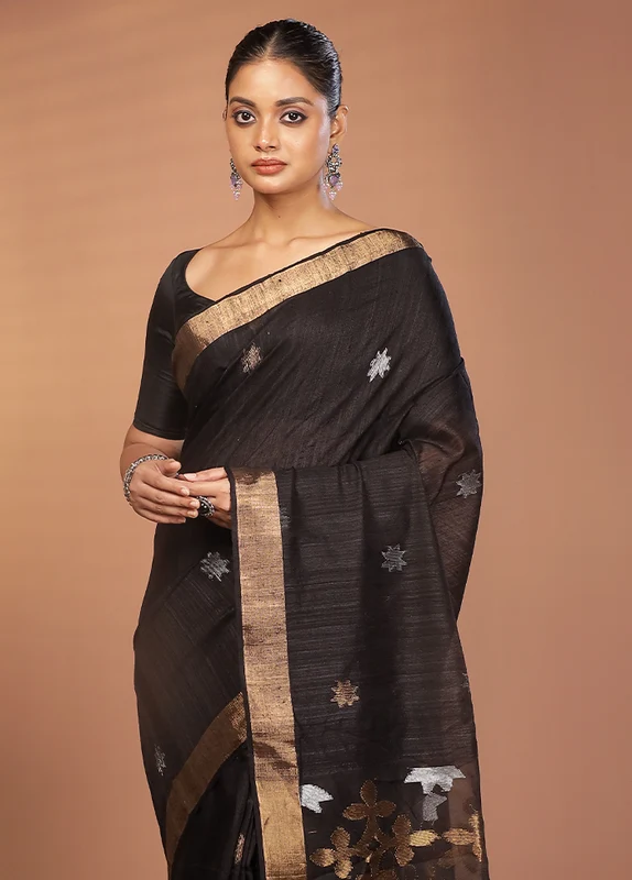 Black Handloom Matka Pure Silk Saree With Blouse Piece One Size