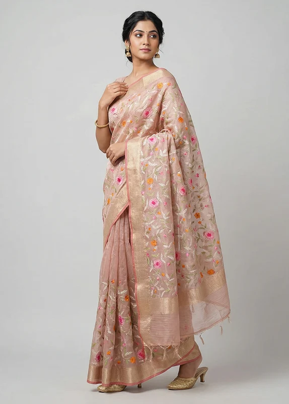 Pink Tissue Silk Saree With Blouse Piece One Size