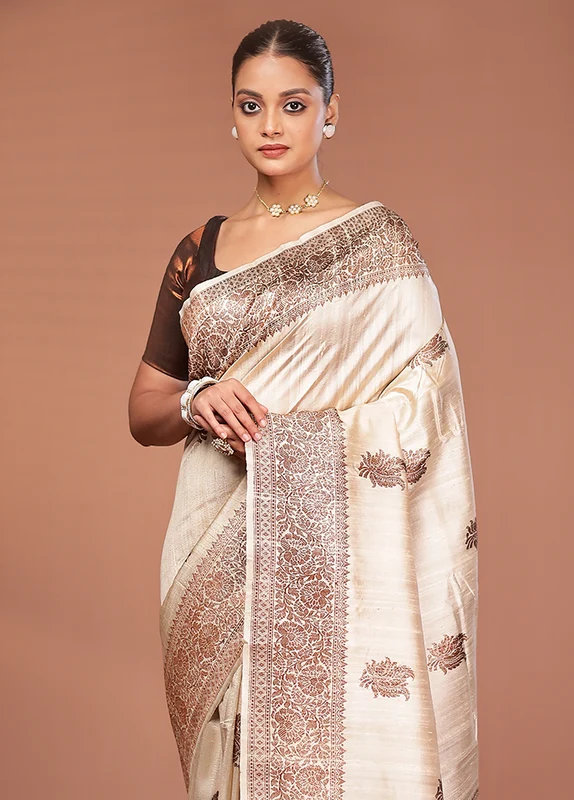 Cream Tussar Pure Silk Saree With Blouse Piece One Size